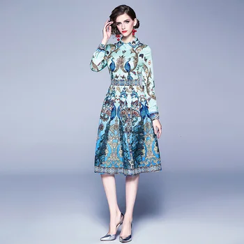 2019 Vintage Plisata Tricou Femei Rochie Albastru Păun Rochie Pista Rochii De Designer De Calitate Dantelă În Sus Arcul De Moda Florale Halat De Femme