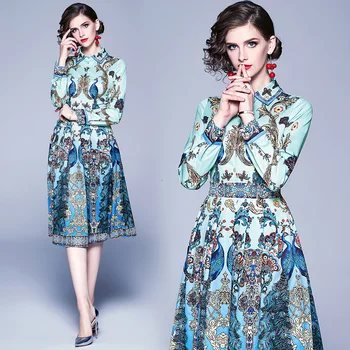 2019 Vintage Plisata Tricou Femei Rochie Albastru Păun Rochie Pista Rochii De Designer De Calitate Dantelă În Sus Arcul De Moda Florale Halat De Femme