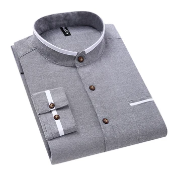 Îmbrăcăminte pentru bărbați Maneca Lunga Regular-fit Button-down Gros Tricouri Casual Solid Oxford Rochie Cămașă Albă Singur Patch-uri de Buzunar Stand