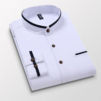 Îmbrăcăminte pentru bărbați Maneca Lunga Regular-fit Button-down Gros Tricouri Casual Solid Oxford Rochie Cămașă Albă Singur Patch-uri de Buzunar Stand