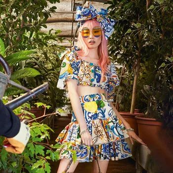 2019 Moda De Vara Femei Fusta Costum Sexy De Pe Umăr Maneca Scurta Top Scurt Print Floral Efecte Cascadă Fusta 2 Bucata Set