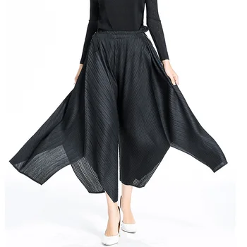 Plus Dimensiune Pantaloni Femei Pantaloni Largi Picior Solid De Culoare Neagră Neregulate Talie Elastic Vrac Moda Miyake Pleats Glezna-Lungime