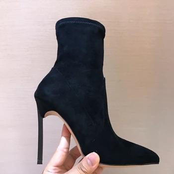 10.5 CM Toc Femei de Boot Faux piele de Căprioară Cizme Glezna Femeii a Subliniat Toe Șosete Cizme Pantofi de Iarna Doamna Tocuri din Piele Pantofi