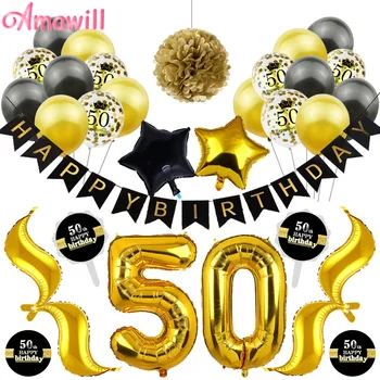 Amawil 50 de ani Partidul Decor Adult Latex Confetti Baloane de Hârtie Pompom Autocolante Toppers Tort de 50 de Ani, Consumabile Partid 7D