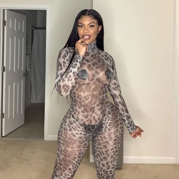 Femeile 2020 Leopard Sexy Club, Salopete Ghepard Ochiurilor De Plasă Pur Guler Maneca Lunga Cu Spatele Gol Rochie Bodycon Playsuits Fierbinte Uzura De Partid