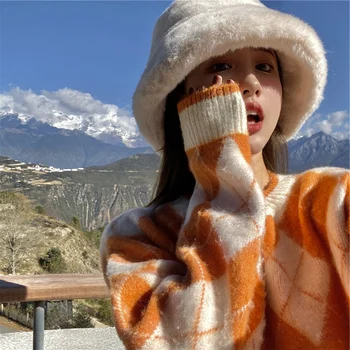 Toamna Iarna Femei Pulover În Carouri O-Gât Cald Minimalist Tricotat Pulovere Femei Elegante Femei Vrac Topuri Tricotate Pulovere