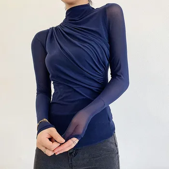 2021 nouă Primăvară Nouă Fund Cămașă de Moda pentru Femei cu Maneca Lunga Bluza Femei Împletit Plasă de Topuri Cutat Stil coreean de sex Feminin