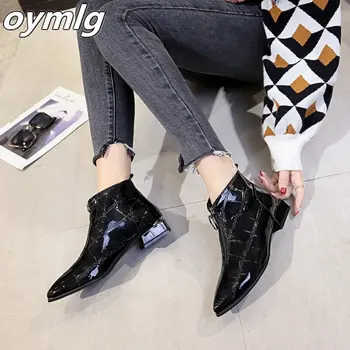 Femei Cizme 2020 Retro din Piele Femei Pantofi de Iarna cu Toc mic Strălucitoare Cizme a Subliniat Toe Femei Cizme Glezna Zapatos De Mujer