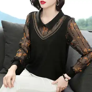 Plasă de dantelă cu mâneci Lungi Tricou Femei Rever Moda Imprimate Vrac Gol Bottom Pulover Bluze Femei 2020 Primavara Toamna