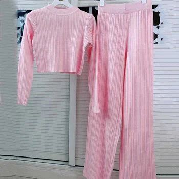 2020 Toamna Noua Moda pentru Femei Sexy 2 Două piese Tricotate cu Maneca Lunga Stabilit O-neck Top Scurt și de Înaltă Talie Pantaloni Largi Picior