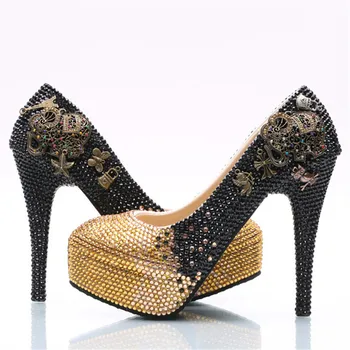 Negru și Auriu Gradient de Cristal Pantofi de Nunta Orbitor Super Toc Pompe pentru Mireasa Femei Rotund Toe Pantofi Platforma pentru Petrecere