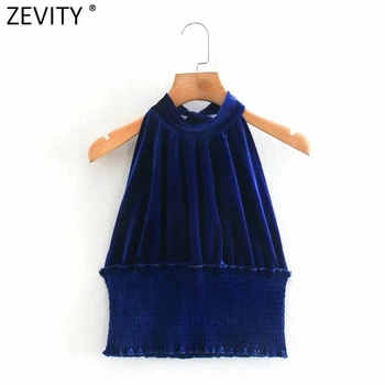 Zevity 2021 Femei Sexy Backless Arc Legat de Catifea Halat Bluza Feminin Vestă fără Mâneci Tricouri Chic Scurt Blusas Topuri LS7686