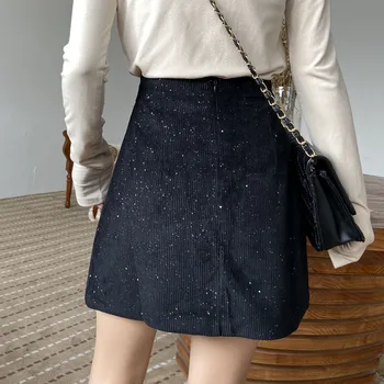 Fuste Femei cu Talie Înaltă Catifea cu Paiete All-meci Fusta Mini Slab Streetwear Trendy Simplu de Bază coreeană Stil Chic Minunat