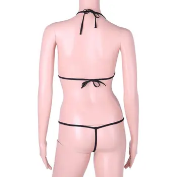 2 BUC Lenjerie intima Femei Bikini Costume de baie din Piele de Brevet Costume de baie Halter Bikini Top cu G-string Tanga Funduri Lenjerie Sexy