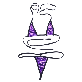 2 BUC Lenjerie intima Femei Bikini Costume de baie din Piele de Brevet Costume de baie Halter Bikini Top cu G-string Tanga Funduri Lenjerie Sexy