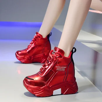 Iarna Platforma Adidasi 2020 Piele Blana Pantofi Casual Ascunse Creșterea Indesata Pantofi Toamna 9CM Tocuri inalte Blană Cald Pantofi Femei