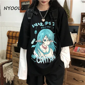 NYOOLO Toamna streetwear fata Anime print fals 2 piesă de mozaic maneca lunga T-shirt femei haine Harajuku pierde O-gât topuri