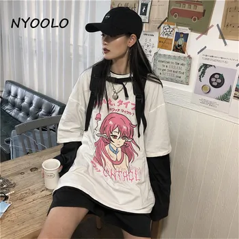 NYOOLO Toamna streetwear fata Anime print fals 2 piesă de mozaic maneca lunga T-shirt femei haine Harajuku pierde O-gât topuri
