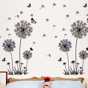 Negru Papadie Perete Autocolant Fluturi pe Perete Camera de zi Dormitor Decorare Fereastră de Artă Murală Decalcomanii Autocolante Decor Acasă