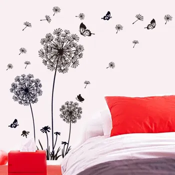 Negru Papadie Perete Autocolant Fluturi pe Perete Camera de zi Dormitor Decorare Fereastră de Artă Murală Decalcomanii Autocolante Decor Acasă