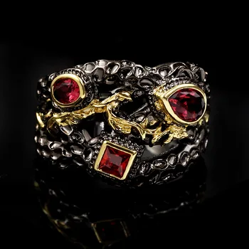 Retro Moda Două culori Galvanizare Roșu Zircon Inel Creative Geometrice Black Gold Inel Argint 925 bijuterii Bijuterii