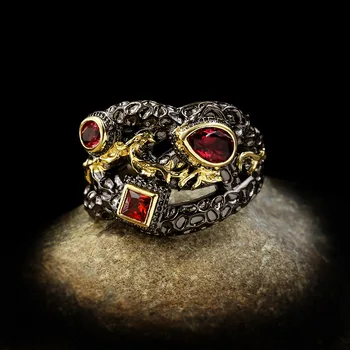 Retro Moda Două culori Galvanizare Roșu Zircon Inel Creative Geometrice Black Gold Inel Argint 925 bijuterii Bijuterii