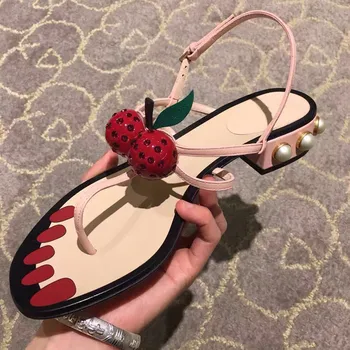 De lux Pearl Împânzit de Plajă, Sandale Plate pentru Femei Pista Sandale Femei Cherry Sandale Femei T-Curea Tocuri Plat Pantofi Femei