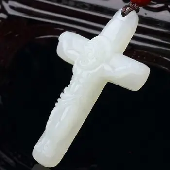 Alb Natural Sculptat Crucea de Jad Pandantiv Moda Bijuterii pentru Bărbați și Femei Isus Colier