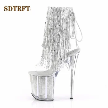 SDTRFT Tocuri cui de 20cm Tocuri Subtiri Glezna cizme transparente Platforme pantofi Femei Stras Ciucuri Botas Mujer Paiete pompe