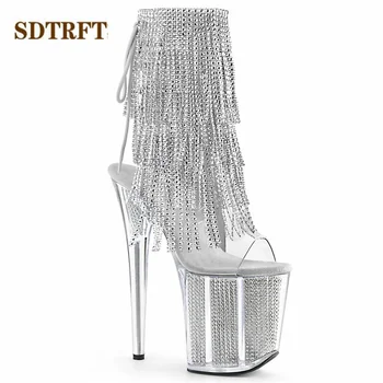 SDTRFT Tocuri cui de 20cm Tocuri Subtiri Glezna cizme transparente Platforme pantofi Femei Stras Ciucuri Botas Mujer Paiete pompe