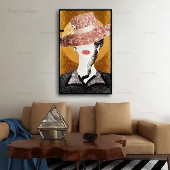 Pictura figura Femeie cu Părul Lung, Purta un Capac Pe un Fond de Aur Arta de Perete Home Decor Clasic Panza Tablou Fara Rama