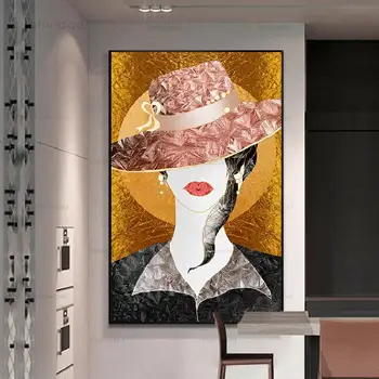 Pictura figura Femeie cu Părul Lung, Purta un Capac Pe un Fond de Aur Arta de Perete Home Decor Clasic Panza Tablou Fara Rama