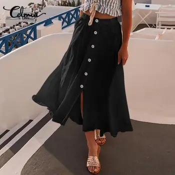 Celmia Plus Dimensiunea Femei Vintage Lenjerie De Fuste 2021 Moda De Înaltă Talie Elastic Fusta Lunga Casual Pierde Butoane Cutat Plajă Fuste