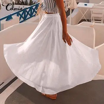 Celmia Plus Dimensiunea Femei Vintage Lenjerie De Fuste 2021 Moda De Înaltă Talie Elastic Fusta Lunga Casual Pierde Butoane Cutat Plajă Fuste