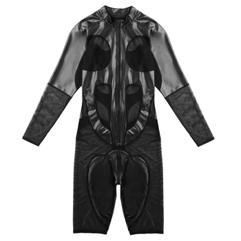 Mens Tricou Bodysuit-O bucată de Piele Plasă de Îmbinare Cosplay Body Maneca Lunga cu Fermoar Moale Boxer pantaloni Scurti Tricou Body