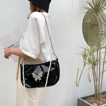 Femei de moda sac de perle patent mic cu fermoar fata messenger geantă de umăr cu lanț de sex feminin de epocă Umăr, Crossbody sac