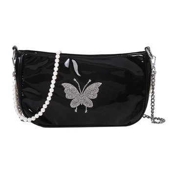Femei de moda sac de perle patent mic cu fermoar fata messenger geantă de umăr cu lanț de sex feminin de epocă Umăr, Crossbody sac