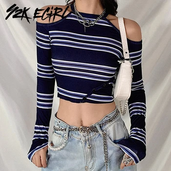Y2K EGIRL 90 de Epocă Umăr Deschis cu Dungi T-shirt Casual cu Nervuri, O-neck Maneca Lunga Butoane Albastru de Sus Streetwear Toamna de Moda