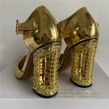 Unic colivie Traforaj Toc Pantofi de Banchet Femeie de Metal Ciudat Toc Rotund Toe Acoperi Tocuri din Piele pentru Femei Pompe