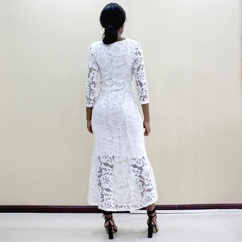 African Tesatura Dantelă Sexy cu Maneci Lungi Solid Alb Elegant Rochie Maxi pentru Femei