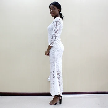 African Tesatura Dantelă Sexy cu Maneci Lungi Solid Alb Elegant Rochie Maxi pentru Femei