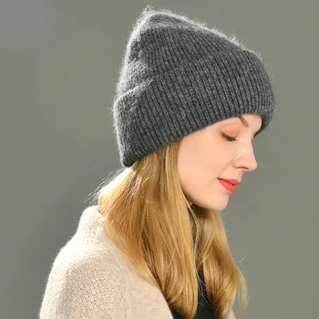 Iarna Beanie Hat pentru Femei Dublu Ori Cașmir Tricotate Chelioși Pălărie Lungă Blană de Iepure Beanie Cald Capota Pălărie de sex Feminin