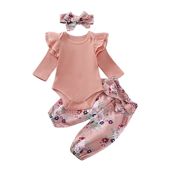 Copil nou-născut Fată Romper Body bumbac infantil fata de copil haine cu maneca lunga Topuri+Pantaloni Bentita 3pcs Costume de Haine Set D25