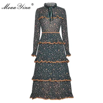 MoaaYina Pistă de Moda rochie de Vara Rochie de Femei maneca Lunga Volane Floral-Print Rochii Elegante