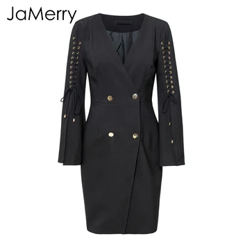 JaMerry OL Sexy V-neck lace up blazer negru rochie femei Elegante split scurt mini-rochie Office sacou doamnă rochii chic vestidos