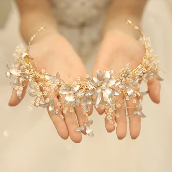 Baroc Tiara Coroana De Păr Nunta De Aur Florale De Mireasa Hairband Handmade Perle Caciula Femei Petrecere Bal De Păr Diademe