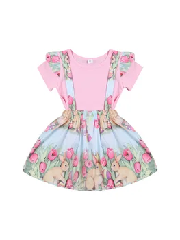 2021 Moda Fierbinte Copilul Fetita Maneca Scurta de culoare Roz Bluze T-shirt+Floare Bunny Fusta Copii Haine 2 buc Set Haine