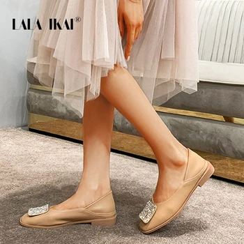 LALA IKAI Pantofi Plat pentru Femei Diamond Catarama Cap Pătrat Mazăre Pantofi Casual Branț Moale Singur 2020 Toamna de Moda de sex Feminin A30760-4