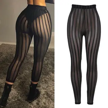 Goocheer 2019 Vânzare Fierbinte Sexy Femei Jambiere Elastic Slim Pantaloni cu Dungi Perspectivă Plasă de Pantaloni Clubwear Talie Mare Pantaloni