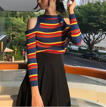 2018 Noi coreea Retro femeii Pulover cu Dungi Mozaic Femei Sexy Pulover Off-umăr Subțire Pulover de Sus